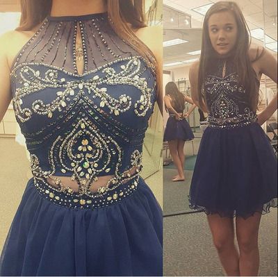 Homecoming Dress High Neck Halter Navy Tulle Skirt Two Piece Prom