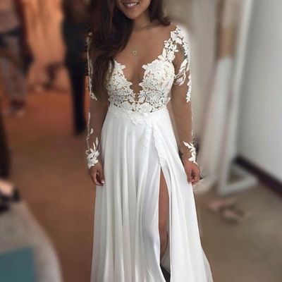 Bridal Dresses A-line Long Sleeves V Neck White Prom Dress Wedding ...